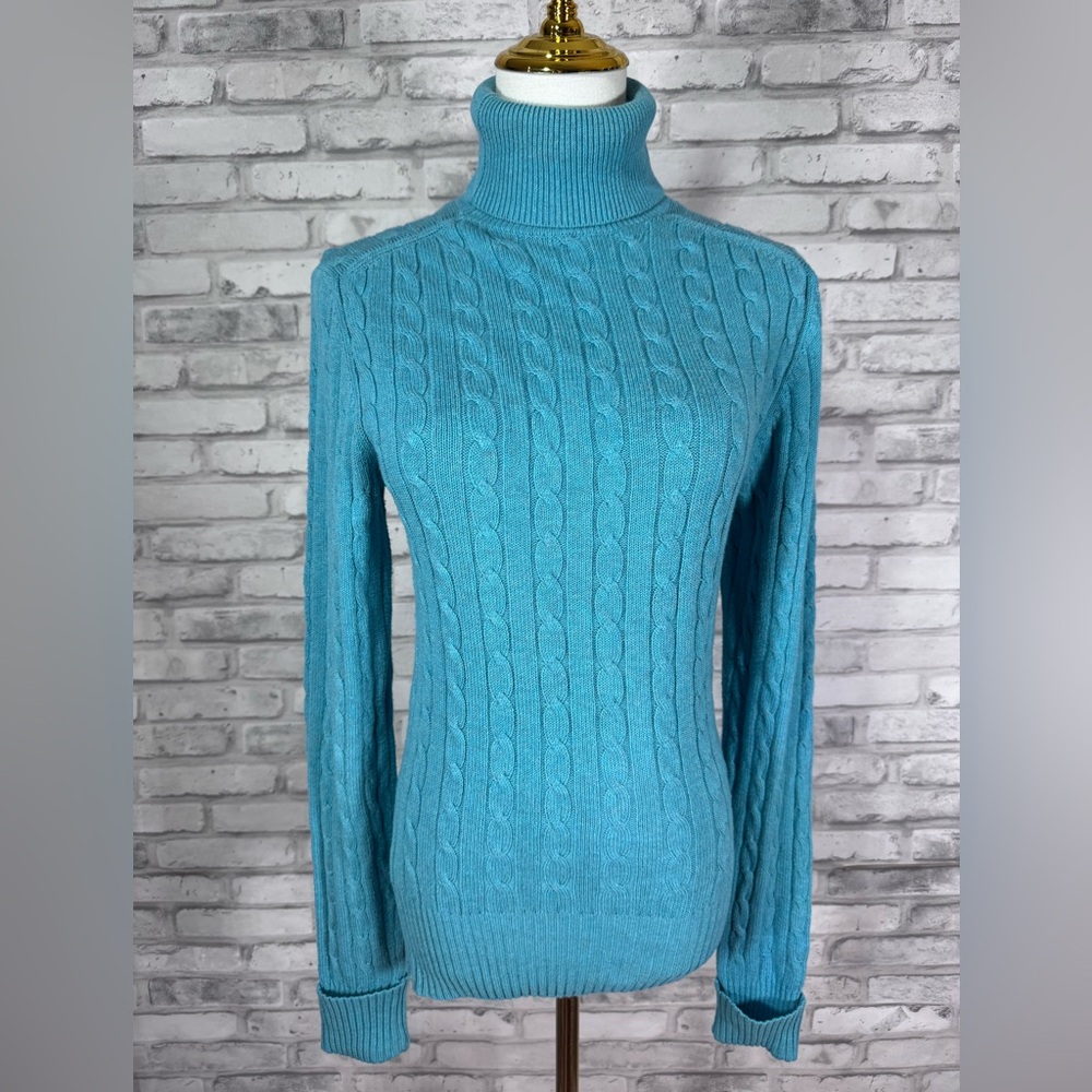 Women's Cable Knit Turtle Neck Sweater in Turquoise Blue
